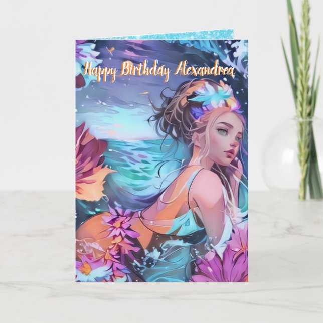 Ocean Blue Watercolor Mermaid Greeting Card (Front)