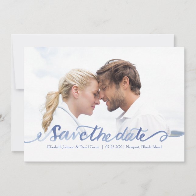 Ocean Blue Watercolor Photo Save the Date (Front)