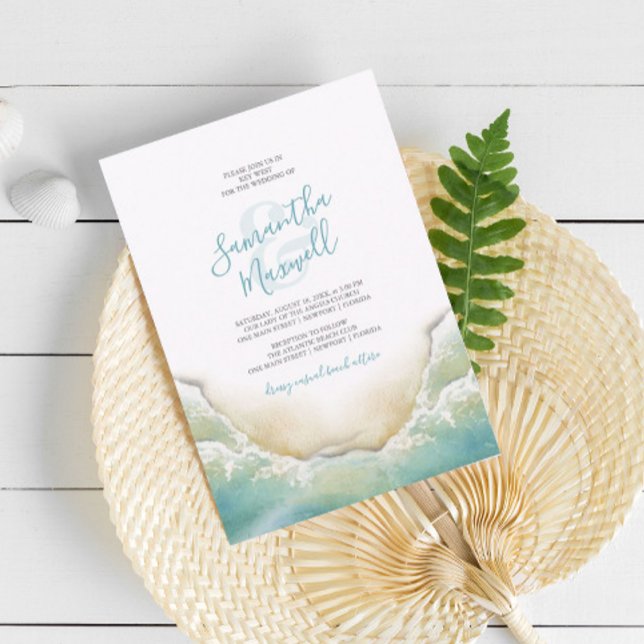 Ocean Blue Watercolor Shoreline Beach Wedding Invitation (Beach wedding invitations 5x7 with hand painted watercolor shoreline by Do Tell A Belle)