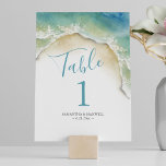 Ocean Blue Watercolor Table Number Cards<br><div class="desc">Designed to coordinate with Do Tell A Belle's shoreline wedding stationery suite, this beach theme table number features a replica of my original watercolor ocean waves shades of blue with your table number, names and wedding date in turquoise blue. Perfect for summer, seaside and nautical theme wedding receptions, rehearsal dinners...</div>