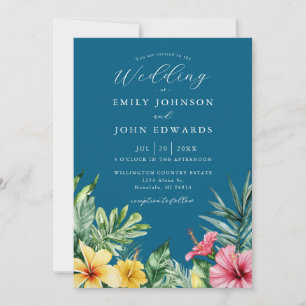 Ocean Blue Watercolor Tropical Floral Wedding Invitation