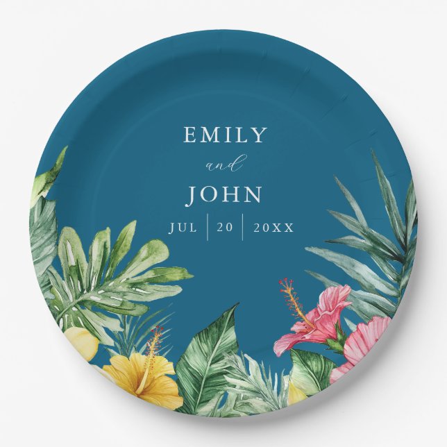 Ocean Blue Watercolor Tropical Floral Wedding Paper Plates (Front)