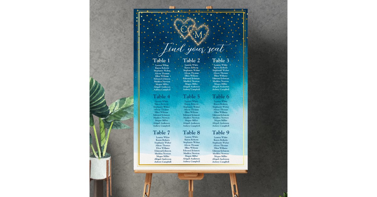Ocean Blue Watercolor Waves With Monogram Wedding Foam Board | Zazzle
