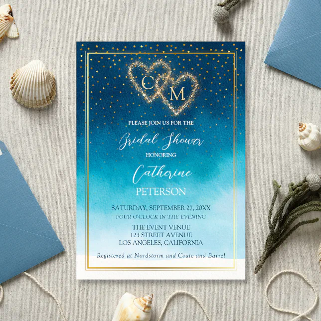 Ocean Blue Watercolor Waves With Monogram Wedding Invitation | Zazzle