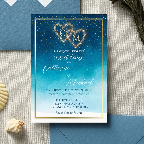 Ocean Blue Watercolor Waves With Monogram Wedding Invitation
