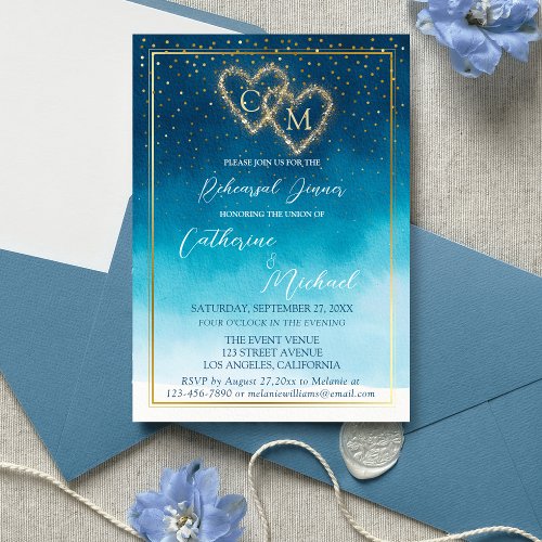 Ocean Blue Watercolor Waves With Monogram Wedding  Invitation