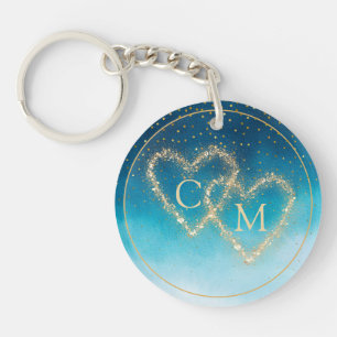 Ocean Blue Watercolor Waves With Monogram Wedding Keychain