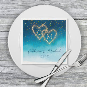 Ocean Blue Watercolor Waves With Monogram Wedding  Napkins