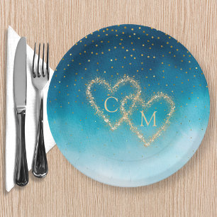 Ocean Blue Watercolor Waves With Monogram Wedding Paper Plates