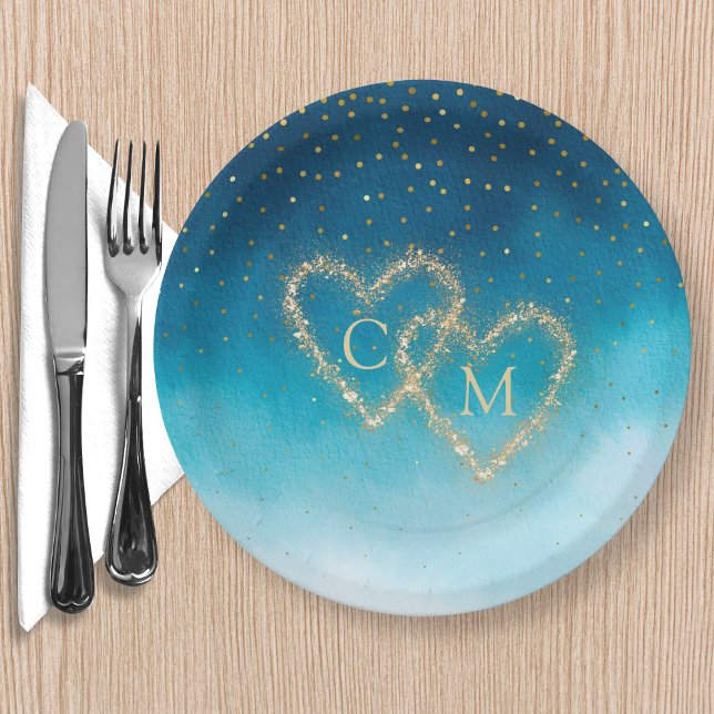 Ocean Blue Watercolor Waves With Monogram Wedding  Paper Plates (Creator Uploaded)