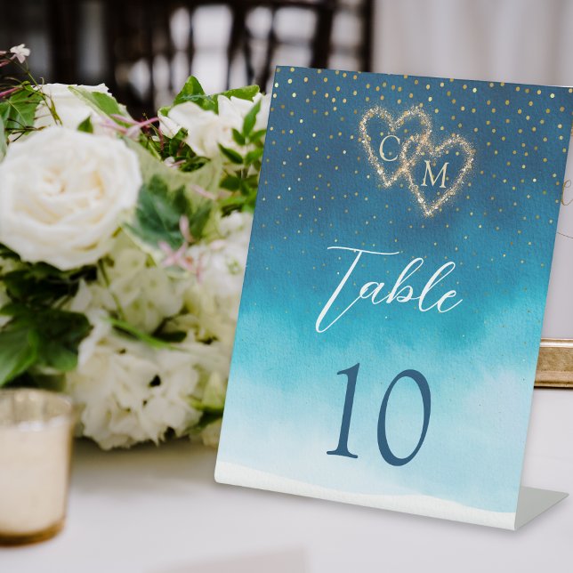 Ocean Blue Watercolor Waves With Monogram Wedding  Pedestal Sign (Creator Uploaded)