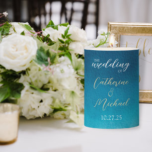 Ocean Blue Watercolor Waves With Monogram Wedding Pillar Candle