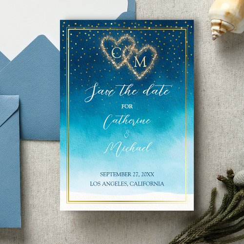 Ocean Blue Watercolor Waves With Monogram Wedding Save The Date
