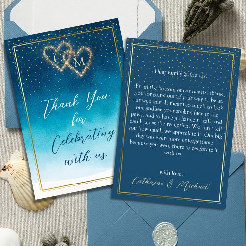 Ocean Blue Watercolor Waves With Monogram Wedding Thank You Card