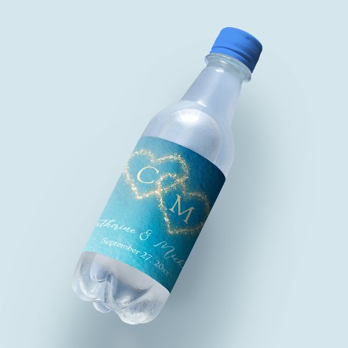 Ocean Blue Watercolor Waves With Monogram Wedding Water Bottle Label