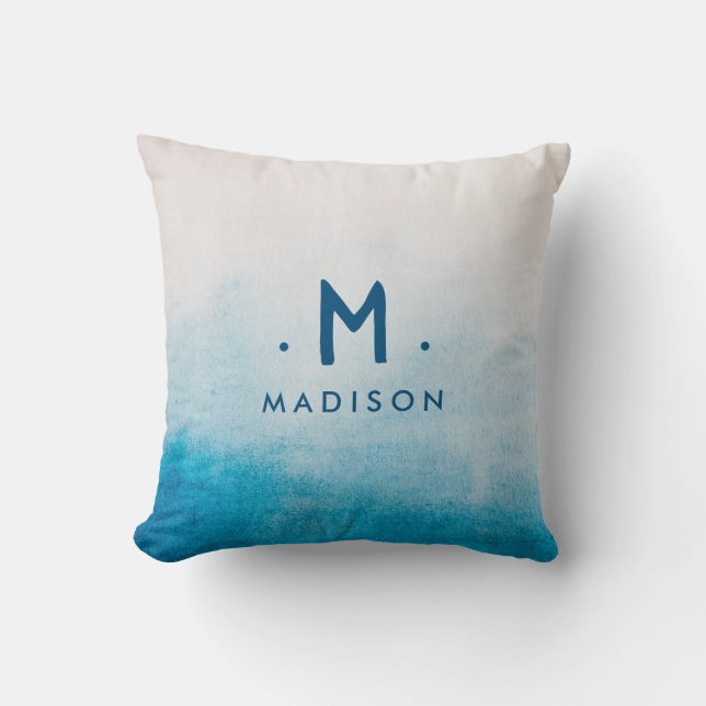 Ocean Blue Watercolors Family Name Monogram Throw Pillow (Front)