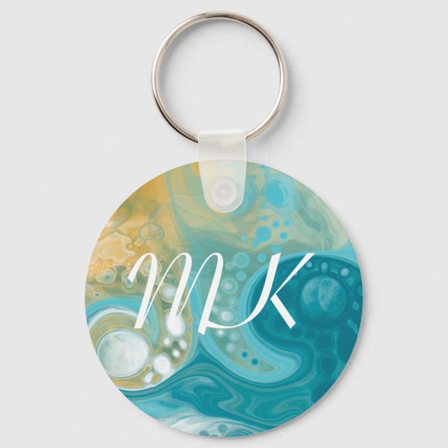 Ocean Blue Waves and Sandy Brown Fluid Art Initial Keychain (Front)