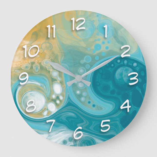 Ocean Blue Waves and Sandy Brown Fluid Art Large Clock (Front)