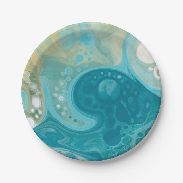 Ocean Blue Waves and Sandy Brown Fluid Art  Paper Plates (Front)