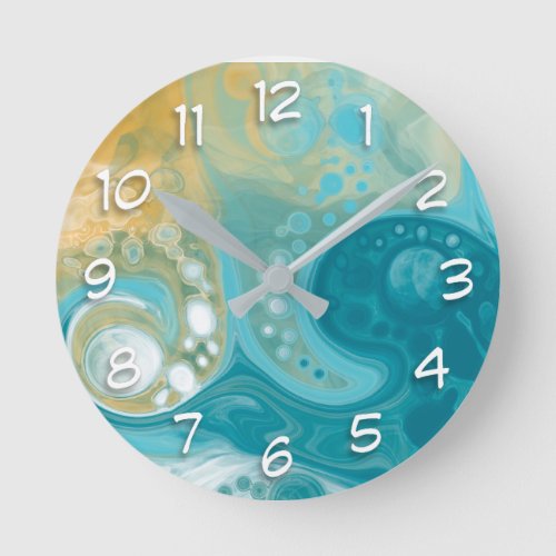Ocean Blue Waves and Sandy Brown Fluid Art   Round Clock