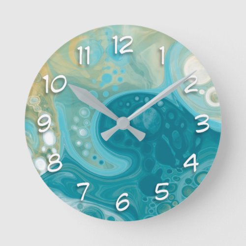 Ocean Blue Waves and Sandy Brown Fluid Art    Round Clock