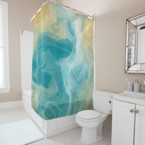 Ocean Blue Waves and Sandy Brown Fluid Art Shower Curtain
