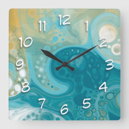 Ocean Blue Waves and Sandy Brown Fluid Art   Square Wall Clock