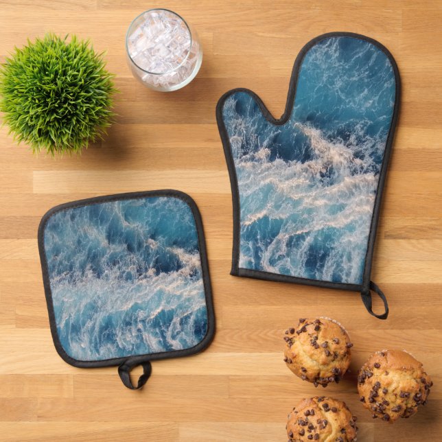 Ocean Blue Waves Oven Mitt & Pot Holder Set (Top Down)