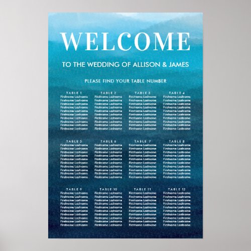 Ocean Blue Waves Watercolor Wedding Seating Chart