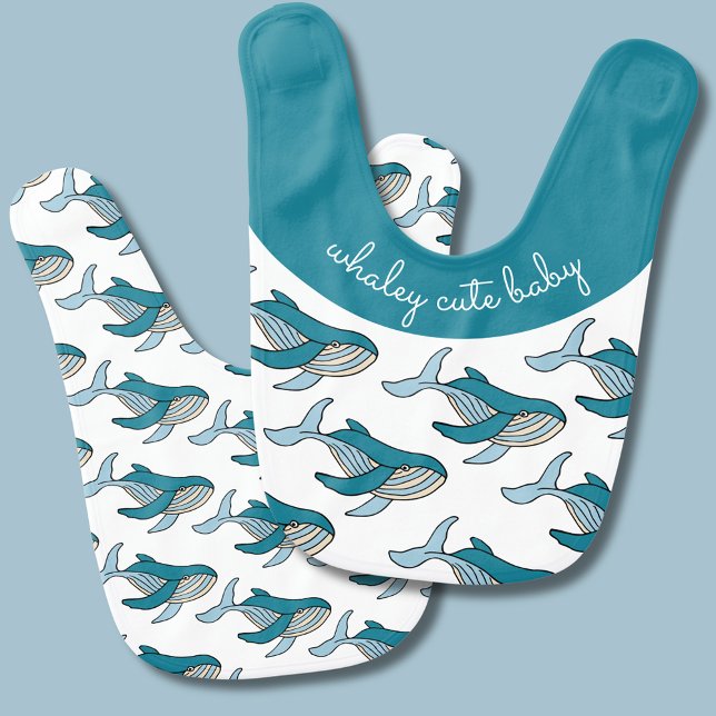 Ocean Blue Whale Baby Boy Bib (Ocean whale pattern baby bib 'Whaley cute baby', baby shower and newborn baby gifts.)