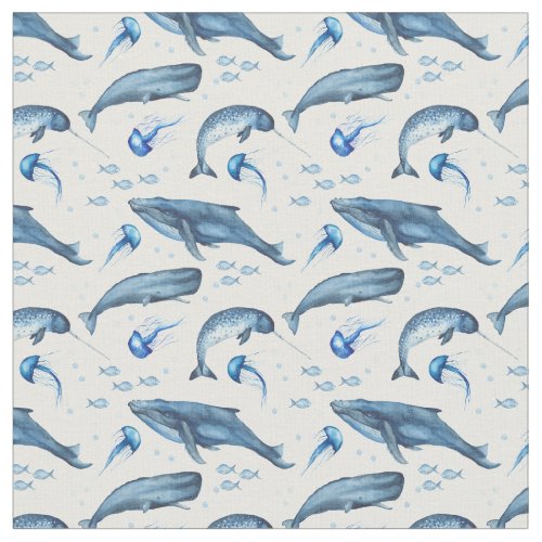 Ocean Blue Whale Jellyfish Pattern Fabric