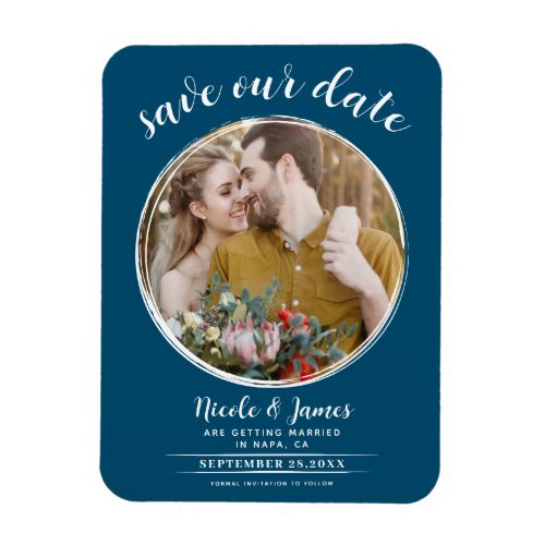 Ocean Blue White Modern Round Photo Save the Date Magnet