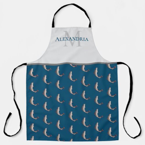 Ocean Blue White Monogram Name Trout pattern Apron