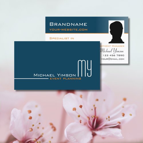 Ocean Blue White Simple with Monogram and Photo Business Card