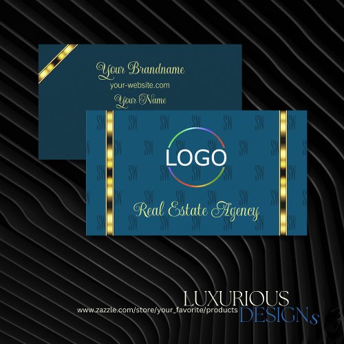 Ocean Blue with Logo Letter Pattern Golden Stripes Business Card