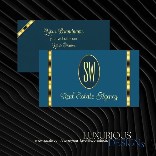 Ocean Blue with Monogram Gold Borders Professional Business Card