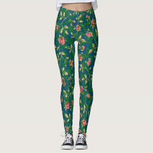 Ocean Blue with Rose-colored Florals & Green Vines Leggings