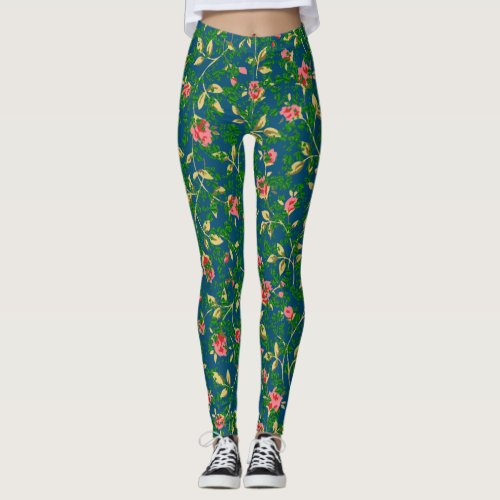 Ocean Blue with Rose_colored Florals  Green Vines Leggings