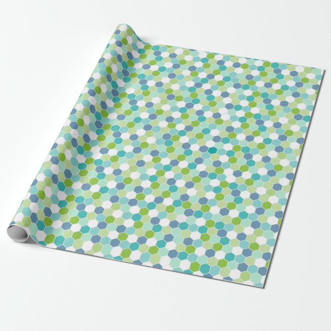 Ocean Blues Honeycomb Geometric Pattern Wrapping Paper (Unrolled)