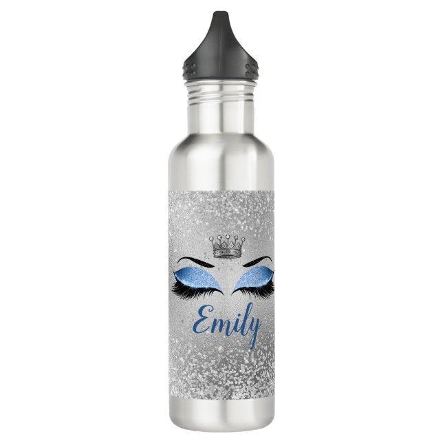 Ocean Blush Blue Glitter Eyes Monogram Stainless Steel Water Bottle (Left)