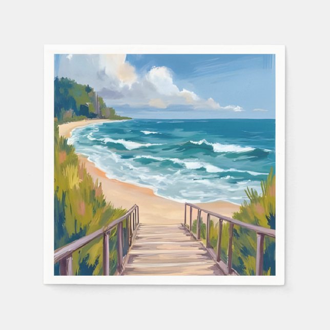 Ocean Boardwalk | Beach Waves Coastal Napkins (Front)