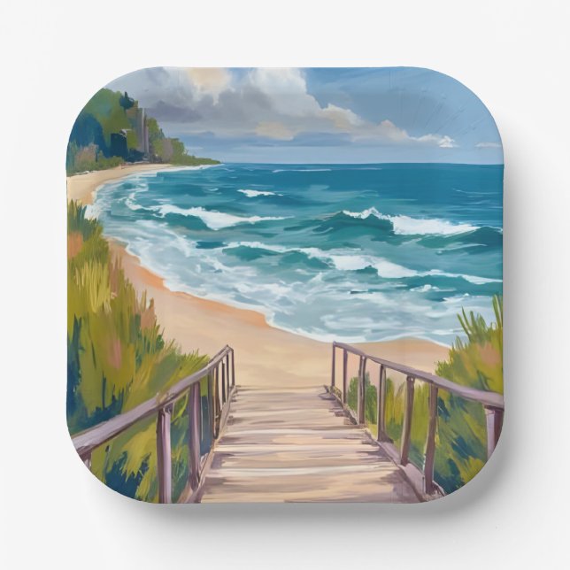 Ocean Boardwalk | Beach Waves Coastal Paper Plates (Front)