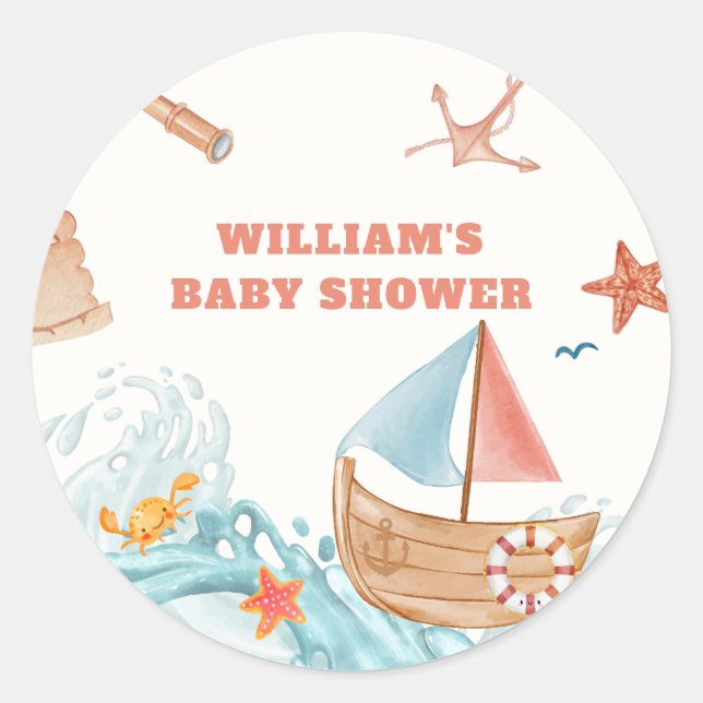 Ocean Boy Adventure Sailboat Baby Shower  Classic Round Sticker (Front)