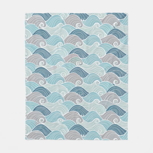 Ocean Breeze Blue & Grey Wave Fleece Throw Blanket (Front)