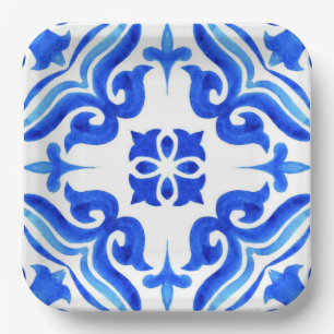 Ocean Breeze Ceramic Watercolor Blue Mosaic Paper Plates