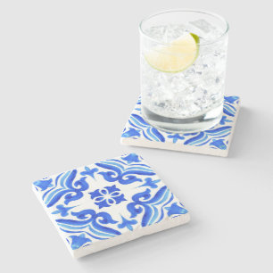 Ocean Breeze Ceramic Watercolor Blue Mosaic  Stone Coaster
