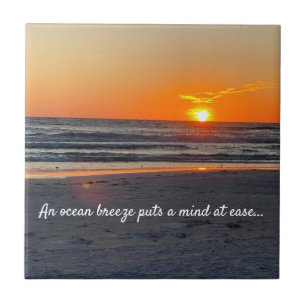 Ocean Breeze Quote With Beautiful Sunset Ceramic Tile