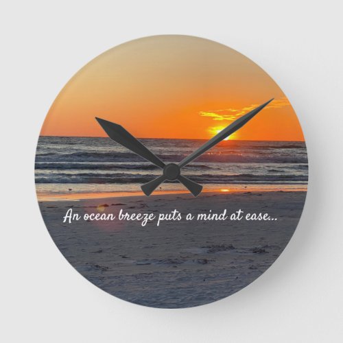 Ocean Breeze Quote With Beautiful Sunset Round Clock