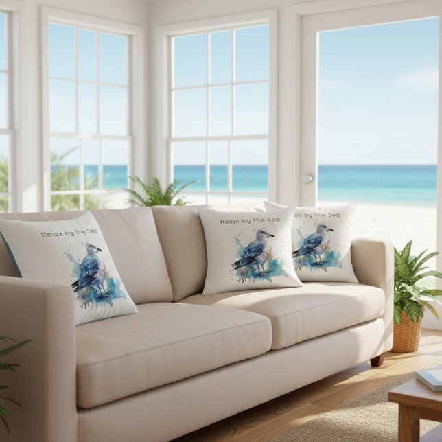 Ocean Breeze: Watercolor Seagull Throw Pillow (Creator Uploaded)