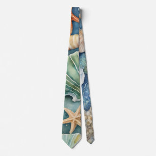 Ocean Breeze Watercolor: Seashell and Starfish Neck Tie